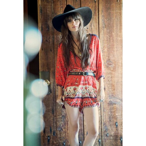 Spell Desert Wanderer Boho Playsuit Sunset Red Print Size 8 - Picture 2 of 10